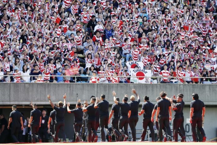 Japans Rugby Nationalteam nach dem Spiel gegen Südafrika Anfang September.